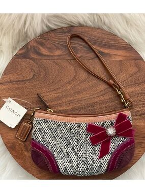 COACH SOHO Tweed Wristlet w/Velvet Bow Detail & Swarovski Crystal Embellishment